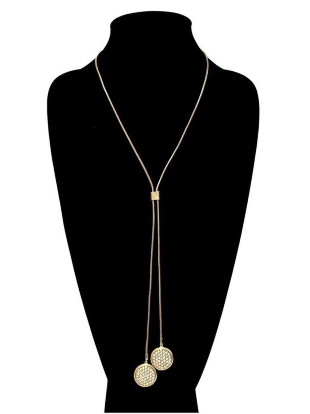 CHICO’S Gold-Tone Pavé Disc Slider Lariat Snake Chain Necklace | NEW